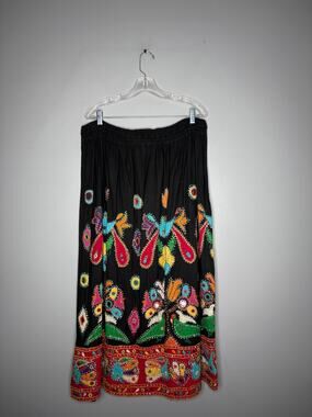 Other Women M Black Mexican Folklorico Floral Embroidered Tiered Boho Maxi Skirt